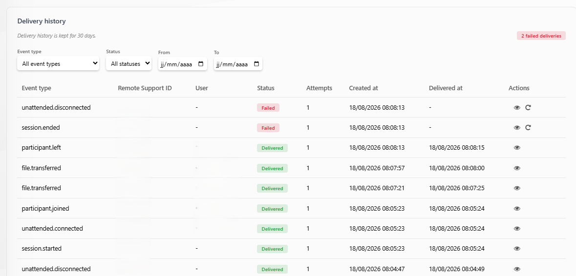 Delivery history section on the Webhooks page